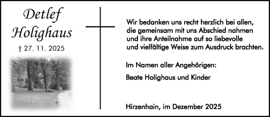 Traueranzeige von Detlef Holighaus von Dill Block