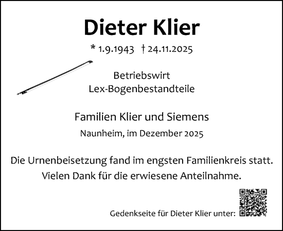 Traueranzeige von Dieter Klier von Wetzlarer Neue Zeitung