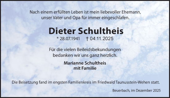 Traueranzeige von Dieter Schultheis von Idsteiner Land/Untertaunus