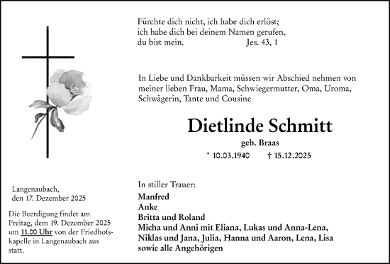 Traueranzeige von Dietlinde Schmitt von Dill Block