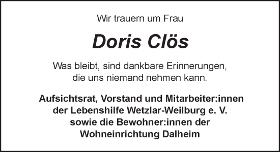 Traueranzeige von Doris Clös von Weilburger Tageblatt