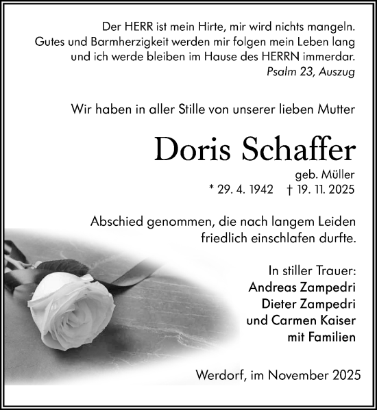 Traueranzeige von Doris Schaffer von Wetzlarer Neue Zeitung