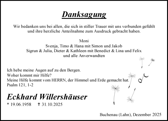 Traueranzeige von Eckhard Willershäuser von Hinterländer Anzeiger