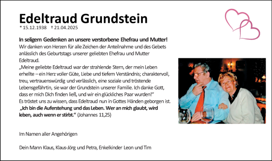 Traueranzeige von Edeltraud Grundstein von Wiesbadener Kurier