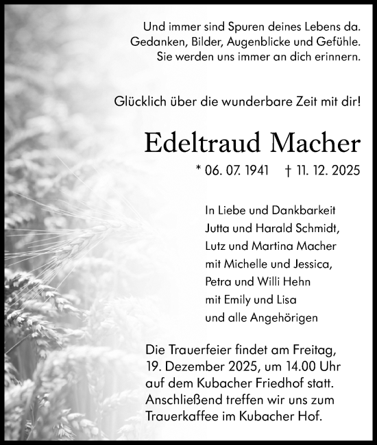Traueranzeige von Edeltraud Macher von Weilburger Tageblatt
