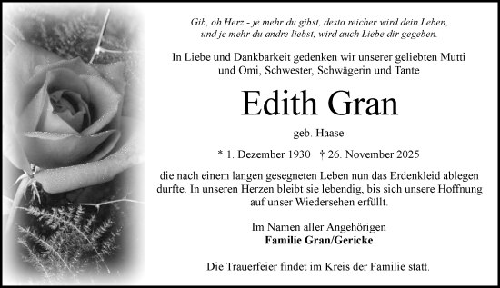 Traueranzeige von Edith Gran von Wiesbadener Kurier