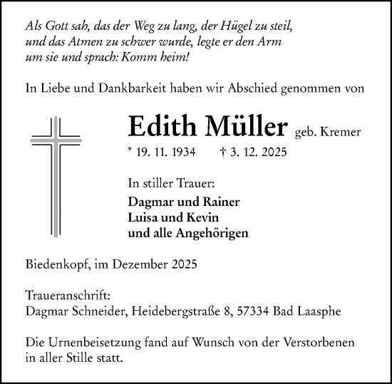 Traueranzeige von Edith Müller von Hinterländer Anzeiger