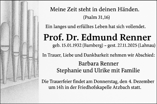 Traueranzeige von Edmund Renner von Wetzlarer Neue Zeitung