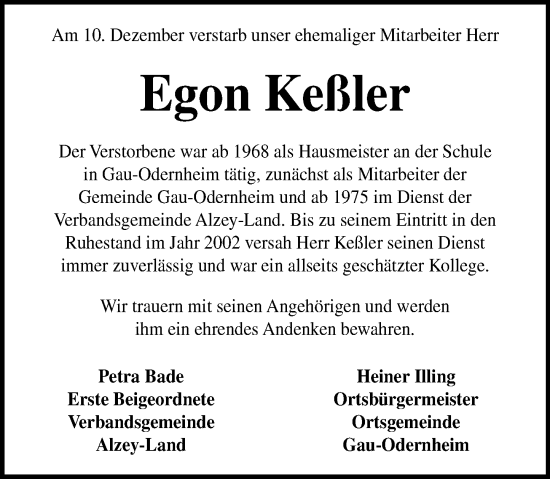 Traueranzeige von Egon Keßler von Allgemeine Zeitung Alzey
