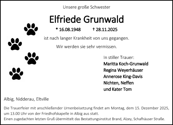 Traueranzeige von Elfriede Grunwald von Allgemeine Zeitung Alzey