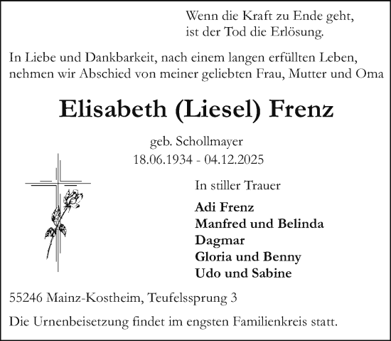 Traueranzeige von Elisabeth Frenz von Allgemeine Zeitung Mainz