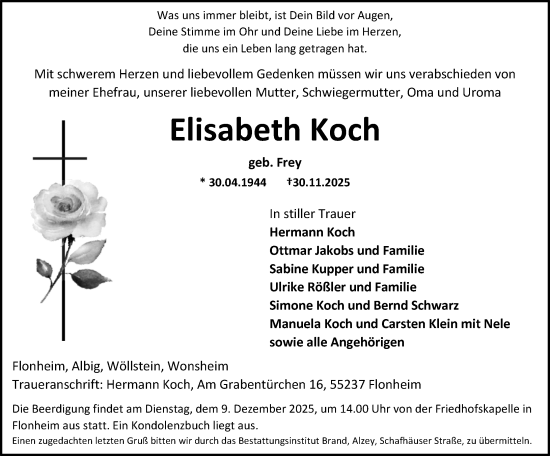 Traueranzeige von Elisabeth Koch von Allgemeine Zeitung Alzey