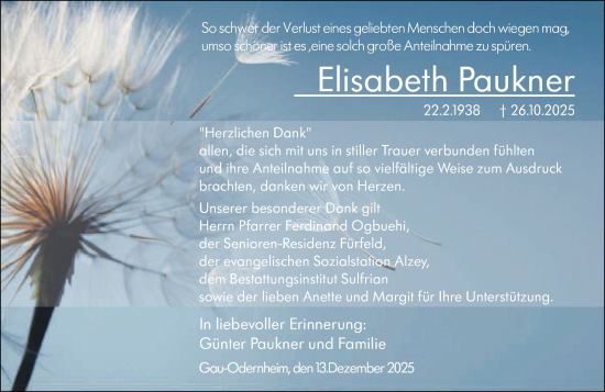 Traueranzeige von Elisabeth Paukner von Allgemeine Zeitung Alzey