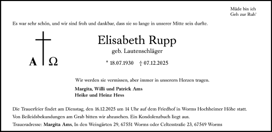 Traueranzeige von Elisabeth Rupp von Wormser Zeitung