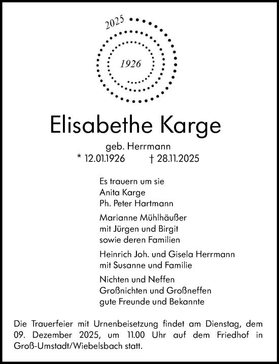 Traueranzeige von Elisabethe Karge von Darmstädter Echo