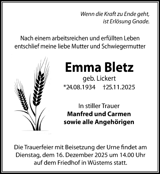 Traueranzeige von Emma Bletz von Camberger Anzeiger