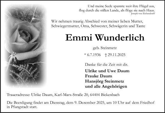 Traueranzeige von Emmi Wunderlich von Darmstädter Echo