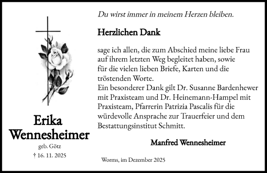 Traueranzeige von Erika Wennesheimer von Wormser Zeitung
