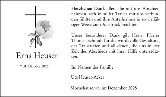 Traueranzeige von Erna Heuser von Hinterländer Anzeiger