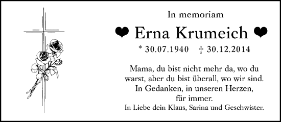 Traueranzeige von Erna Krumeich von Wiesbadener Kurier
