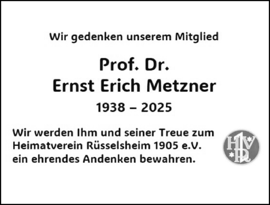 Traueranzeige von Ernst Erich Metzner von Rüsselsheimer Echo