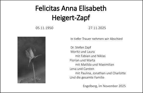 Traueranzeige von Felicitas Anna Elisabeth Heigert-Zapf von Allgemeine Zeitung Mainz