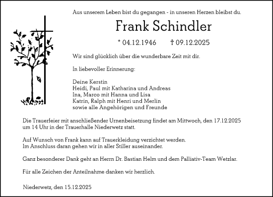 Traueranzeige von Frank Schindler von Wetzlarer Neue Zeitung