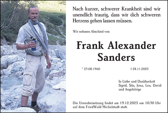 Traueranzeige von Frank Alexander Sanders von Dieburger Anzeiger/Groß-Zimmerner Lokal-Anzeiger