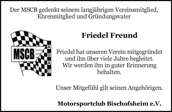 Traueranzeige von Friedel Freund von Rüsselsheimer Echo