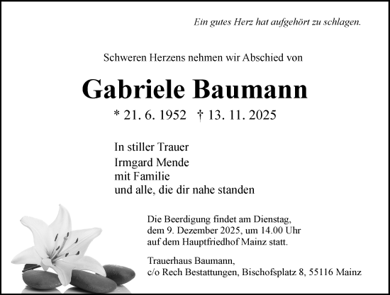 Traueranzeige von Gabriele Baumann von Allgemeine Zeitung Mainz