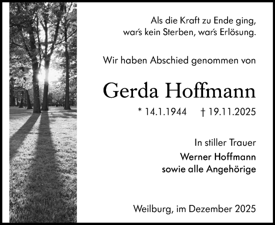 Traueranzeige von Gerda Hoffmann von Weilburger Tageblatt