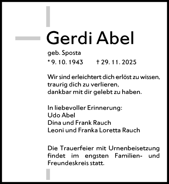 Traueranzeige von Gerdi Abel von Rüsselsheimer Echo