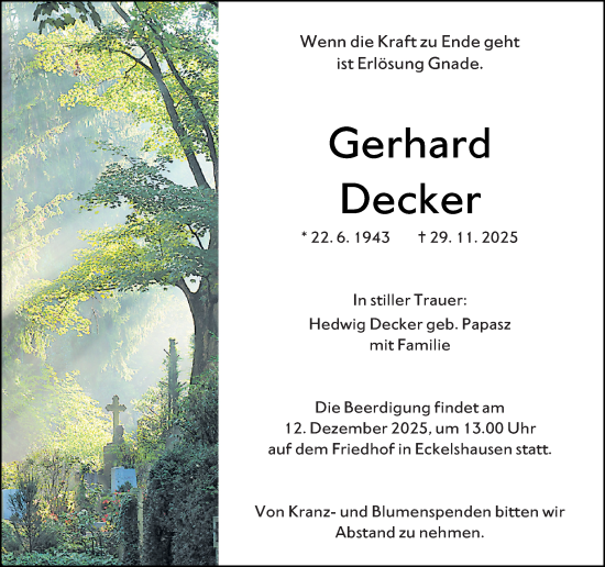 Traueranzeige von Gerhard Decker von Hinterländer Anzeiger
