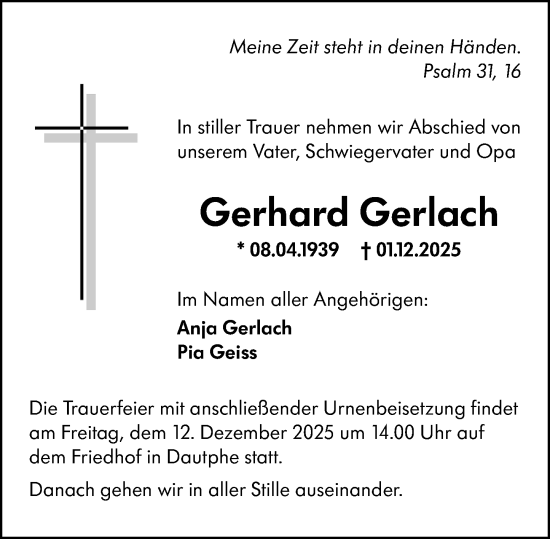 Traueranzeige von Gerhard Gerlach von Hinterländer Anzeiger