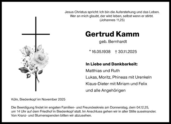 Traueranzeige von Gertrud Kamm von Hinterländer Anzeiger