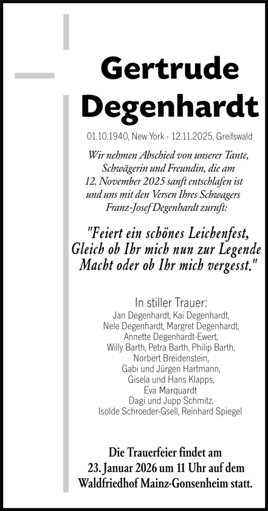 Traueranzeige von Gertrude Degenhardt von Allgemeine Zeitung Mainz
