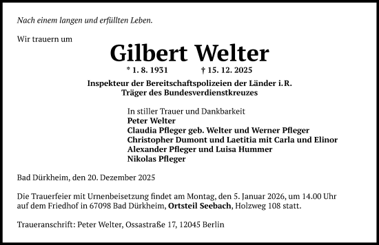 Traueranzeige von Gilbert Welter von Allgemeine Zeitung Mainz
