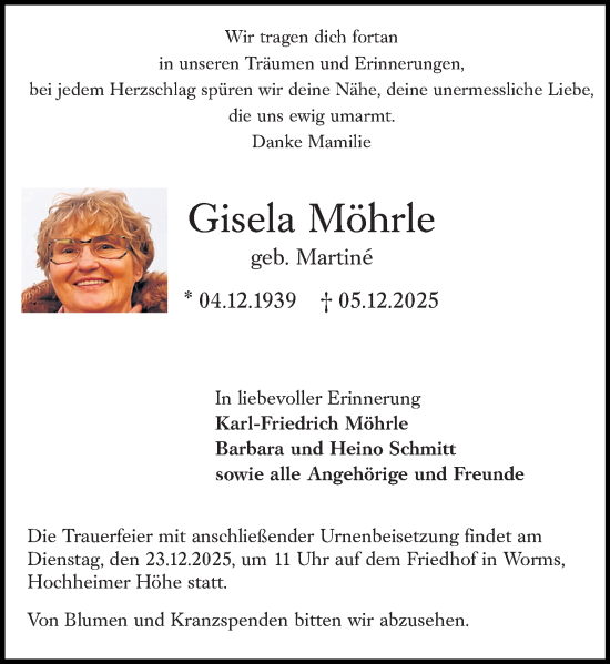 Traueranzeige von Gisela Möhrle von Wormser Zeitung