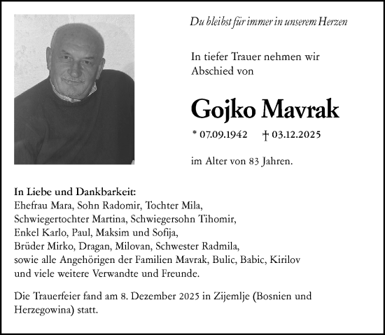 Traueranzeige von Gojko Mavrak von Groß-Gerauer Echo