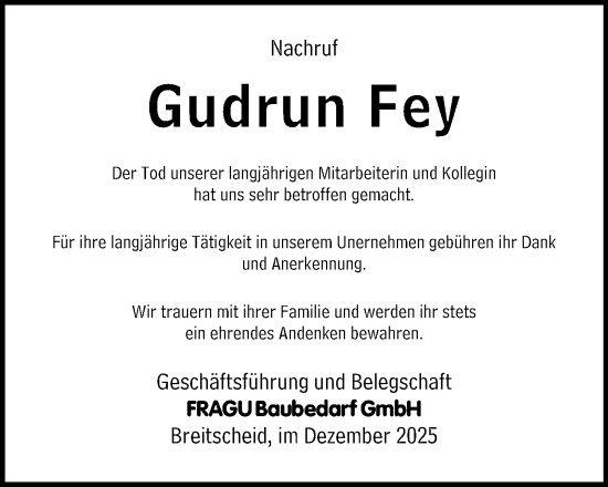 Traueranzeige von Gudrun Fey von Dill Block