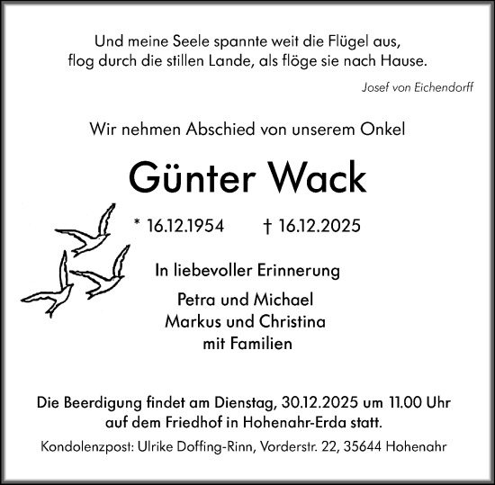 Traueranzeige von Günter Wack von Wetzlarer Neue Zeitung