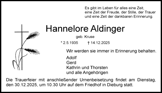Traueranzeige von Hannelore Aldinger von Dieburger Anzeiger/Groß-Zimmerner Lokal-Anzeiger