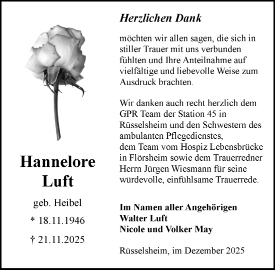 Traueranzeige von Hannelore Luft von Rüsselsheimer Echo