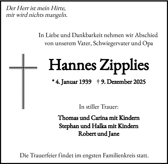 Traueranzeige von Hannes Zipplies von Wiesbadener Kurier