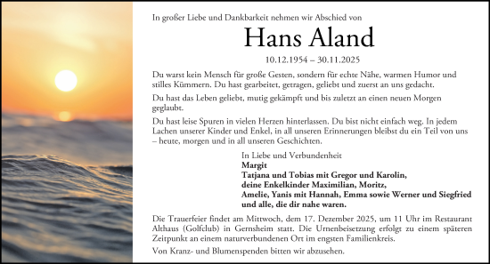 Traueranzeige von Hans Aland von Darmstädter Echo
