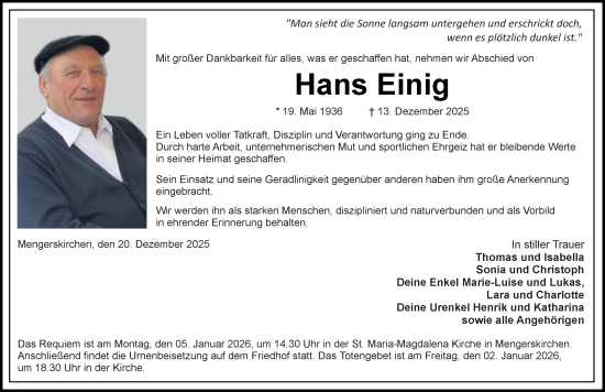 Traueranzeige von Hans Einig von Weilburger Tageblatt