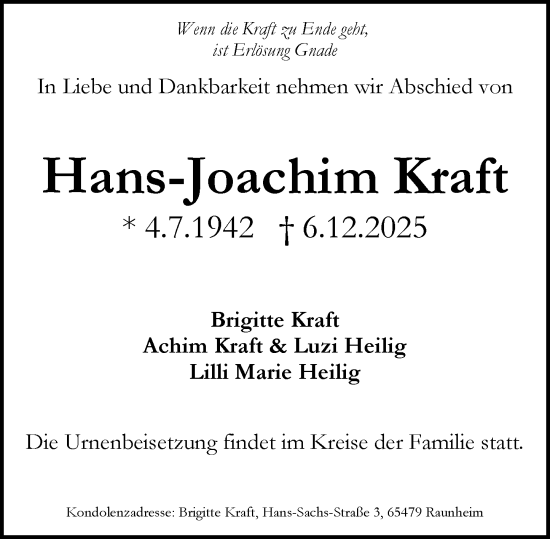 Traueranzeige von Hans-Joachim Kraft von Rüsselsheimer Echo