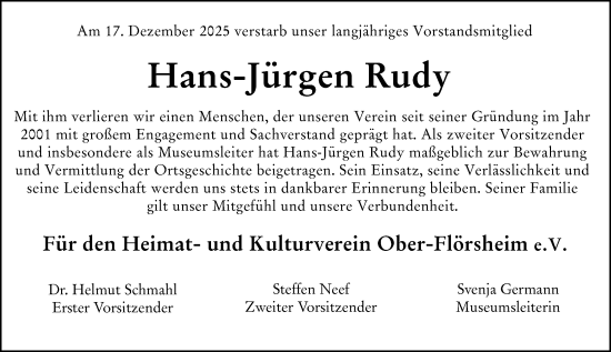 Traueranzeige von Hans-Jürgen Rudy von Allgemeine Zeitung Alzey