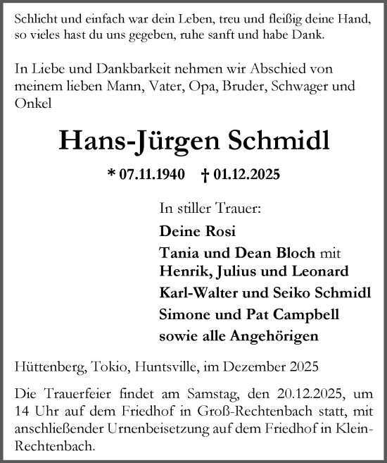 Traueranzeige von Hans-Jürgen Schmidl von Wetzlarer Neue Zeitung