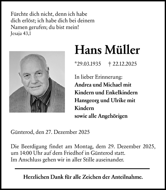 Traueranzeige von Hans Müller von Hinterländer Anzeiger